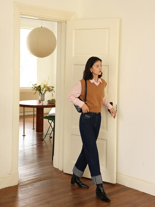 HeyDress复古挽边牛仔裤女秋季法式高腰显瘦直筒九分裤小个子裤子 商品图0