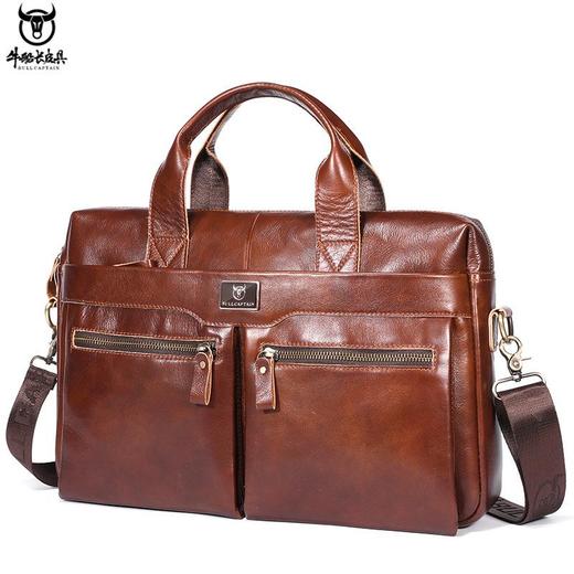 牛船长皮具公文包男单肩斜跨手提包头层牛皮大容量复古商务电脑包 商品图0