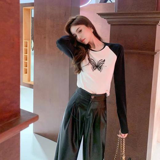 BeQueenStory 【蝴蝶y2k】街头辣妹黑色插肩修身长袖t恤打底上衣 商品图3