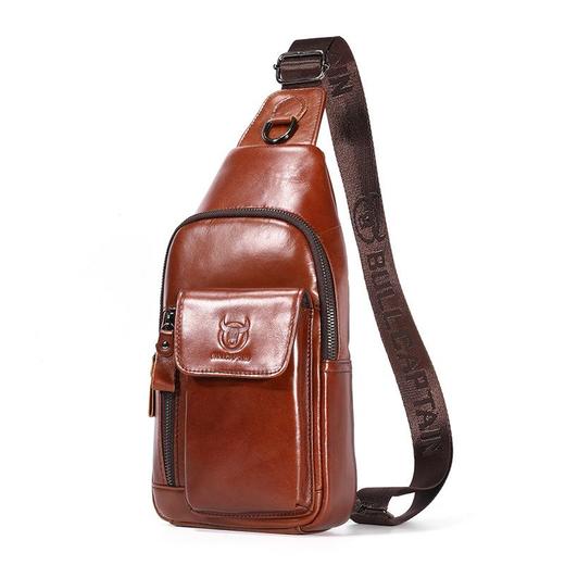 牛船长新款2021男士头层牛皮胸包男真皮单肩斜挎胸前插手机袋背包 商品图4