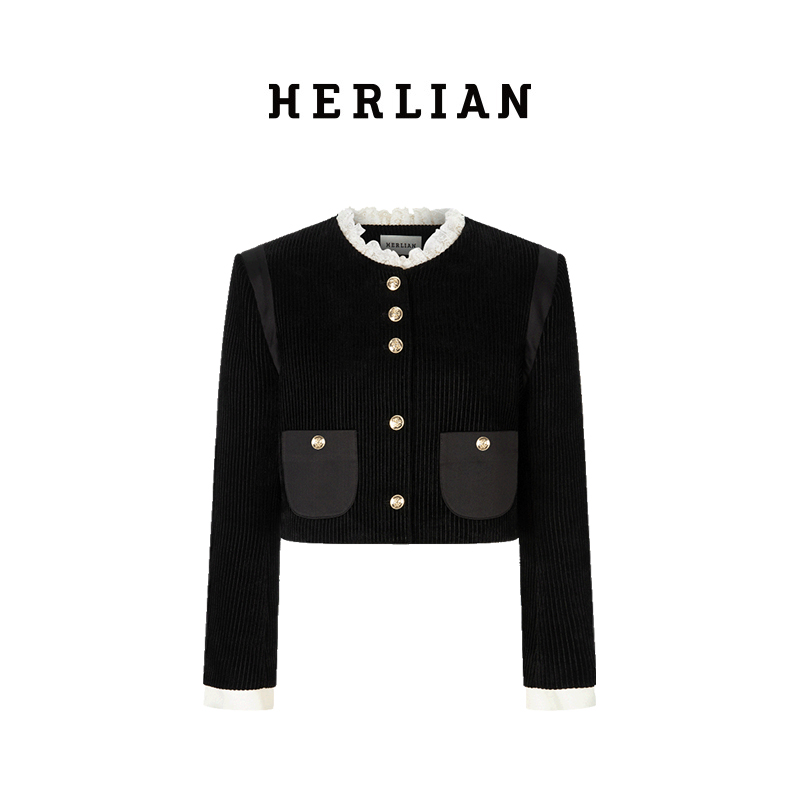 HL2CAWJA1016 法式蕾丝领金扣灯芯绒外套