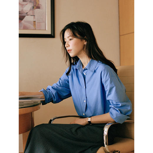 Even Vintage | 高支精梳棉 下摆个性开衩工装长袖蓝衬衫女秋冬 商品图1