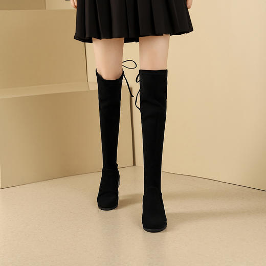 阿么手工女鞋真皮过膝长靴黑色显瘦粗跟4.5CM百搭弹力靴秋冬新款 商品图4