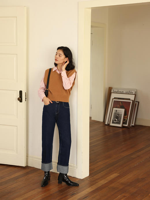 HeyDress复古挽边牛仔裤女秋季法式高腰显瘦直筒九分裤小个子裤子 商品图1