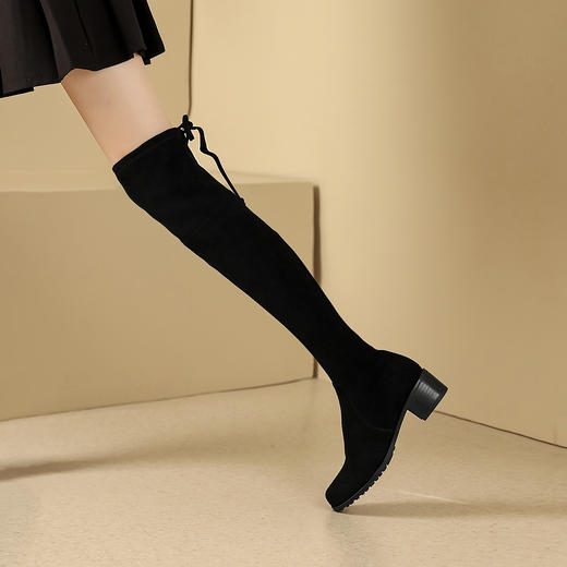阿么手工女鞋真皮过膝长靴黑色显瘦粗跟4.5CM百搭弹力靴秋冬新款 商品图3