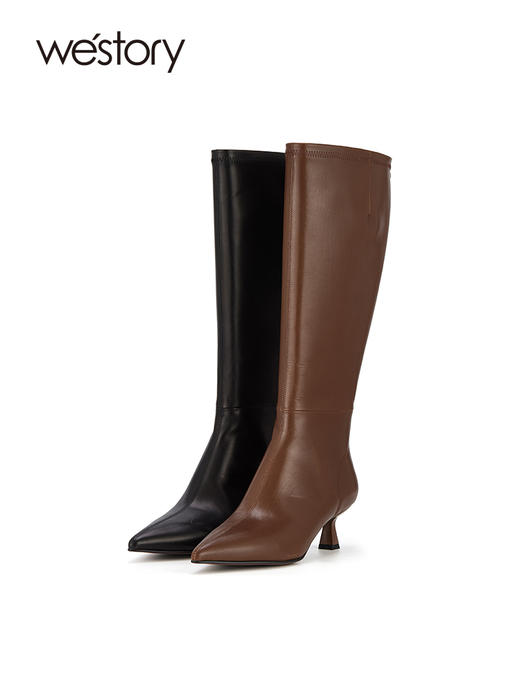 westory2023秋季新品秀气猫跟尖头靴后拉链舒适好搭骑士靴W23DQ83261 商品图0