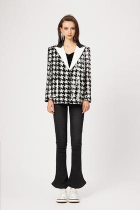 撞色翻领千鸟格双色亮片西装外套