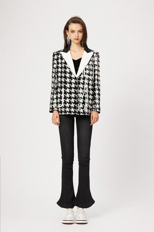 撞色翻领千鸟格双色亮片西装外套 商品图0