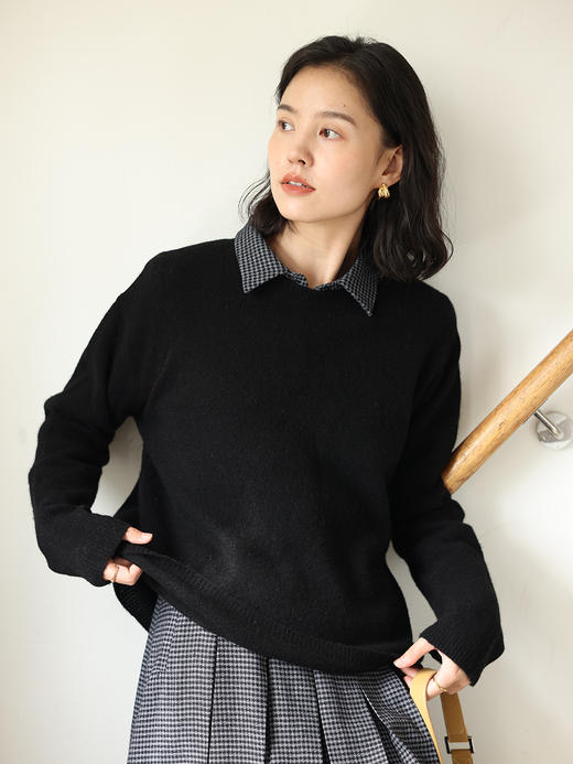 HeyDress100绵羊毛毛衣女秋冬法式圆领宽松针织衫慵懒感套头上衣 商品图3
