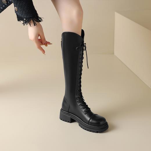 阿么手工女鞋显瘦小个子骑士靴厚底4CM秋冬黑色百搭时尚弹力长靴 商品图4