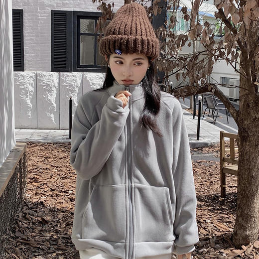 「四色可选！摇粒绒外套」秋冬穿搭摇粒绒外套女毛绒卫衣韩版ins潮加绒加厚开衫棒球服上衣 商品图3