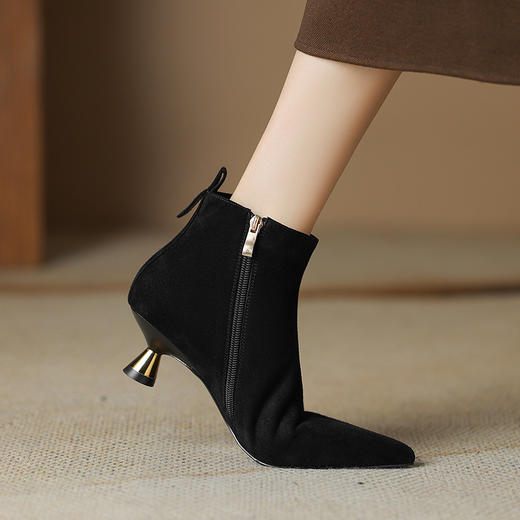 OLD-HL-1965羊反绒高跟鞋女细跟2023秋冬季新款尖头加绒短筒小跟气质短靴低跟 商品图2