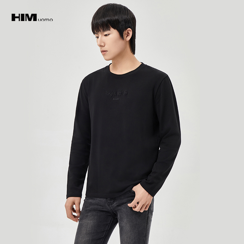HIM漢崇 时尚立体压花长袖T恤男舒适休闲百搭打底上衣 2025秋季