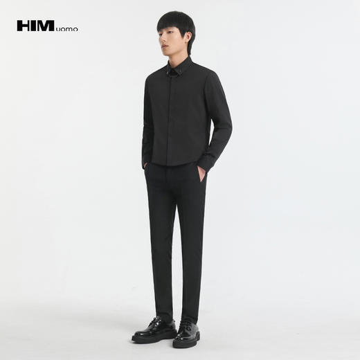 HIM漢崇 精致金属链条装饰男士婚礼宴会必备黑白色长袖礼服衬衣 商品图1