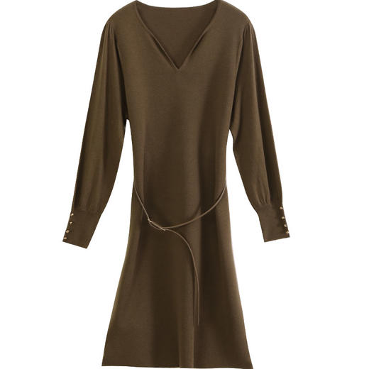 玳莎优雅波浪V领连衣裙2023年秋冬新款纯色显瘦羊毛中长款裙子  DC35303 商品图4