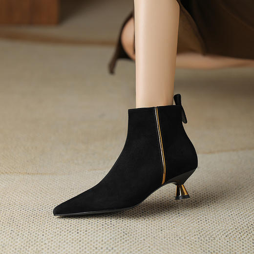 OLD-HL-1965羊反绒高跟鞋女细跟2023秋冬季新款尖头加绒短筒小跟气质短靴低跟 商品图5