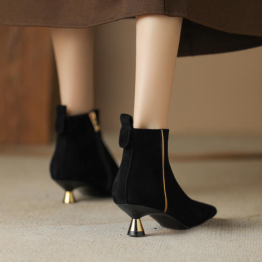 OLD-HL-1965羊反绒高跟鞋女细跟2023秋冬季新款尖头加绒短筒小跟气质短靴低跟 商品图4