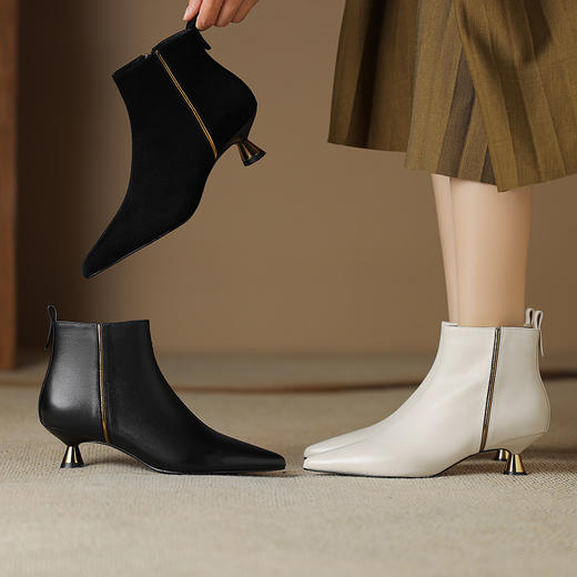 OLD-HL-1965羊反绒高跟鞋女细跟2023秋冬季新款尖头加绒短筒小跟气质短靴低跟 商品图0