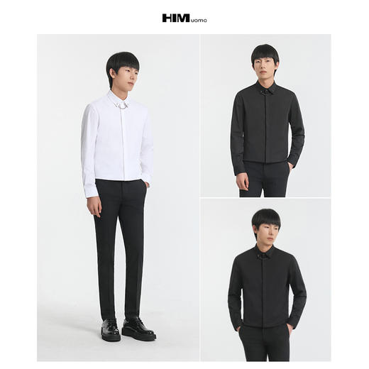 HIM漢崇 精致金属链条装饰男士婚礼宴会必备黑白色长袖礼服衬衣 商品图3