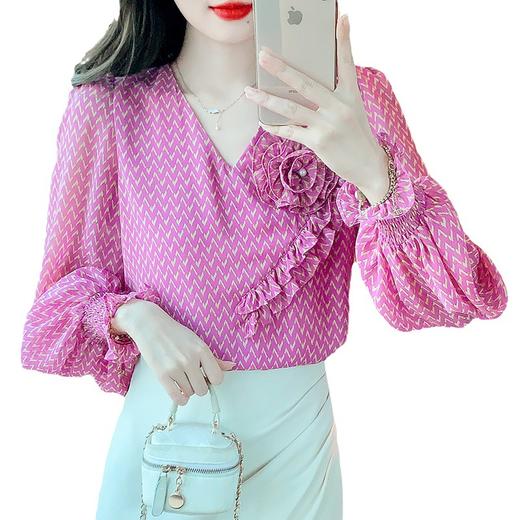 AHMlsyj7600玫瑰红色洋气减龄衬衫女2023秋季新款法式小众设计感印花长袖上衣 商品图4