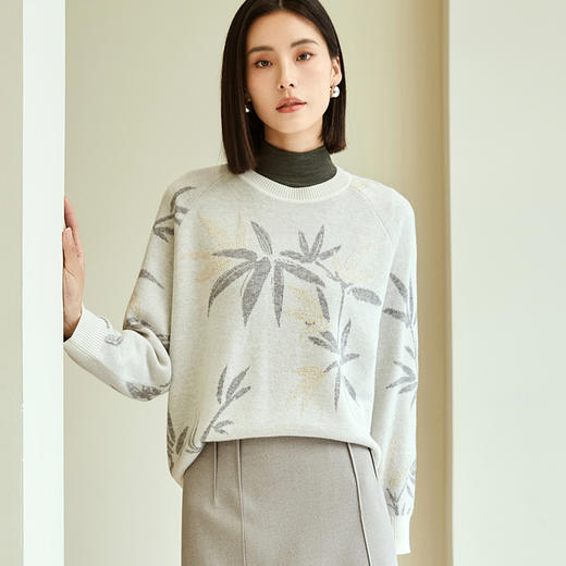 玳莎竹影提花针织衫女秋冬优雅复古设计感圆领长袖羊毛上衣  DD33301 商品图0