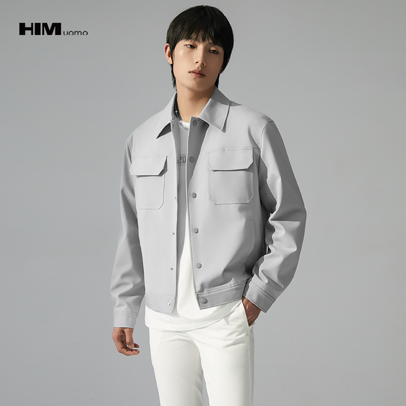 HIM漢崇  斯文工装牛仔夹克经典灰色简约休闲时尚短款外套2025秋季