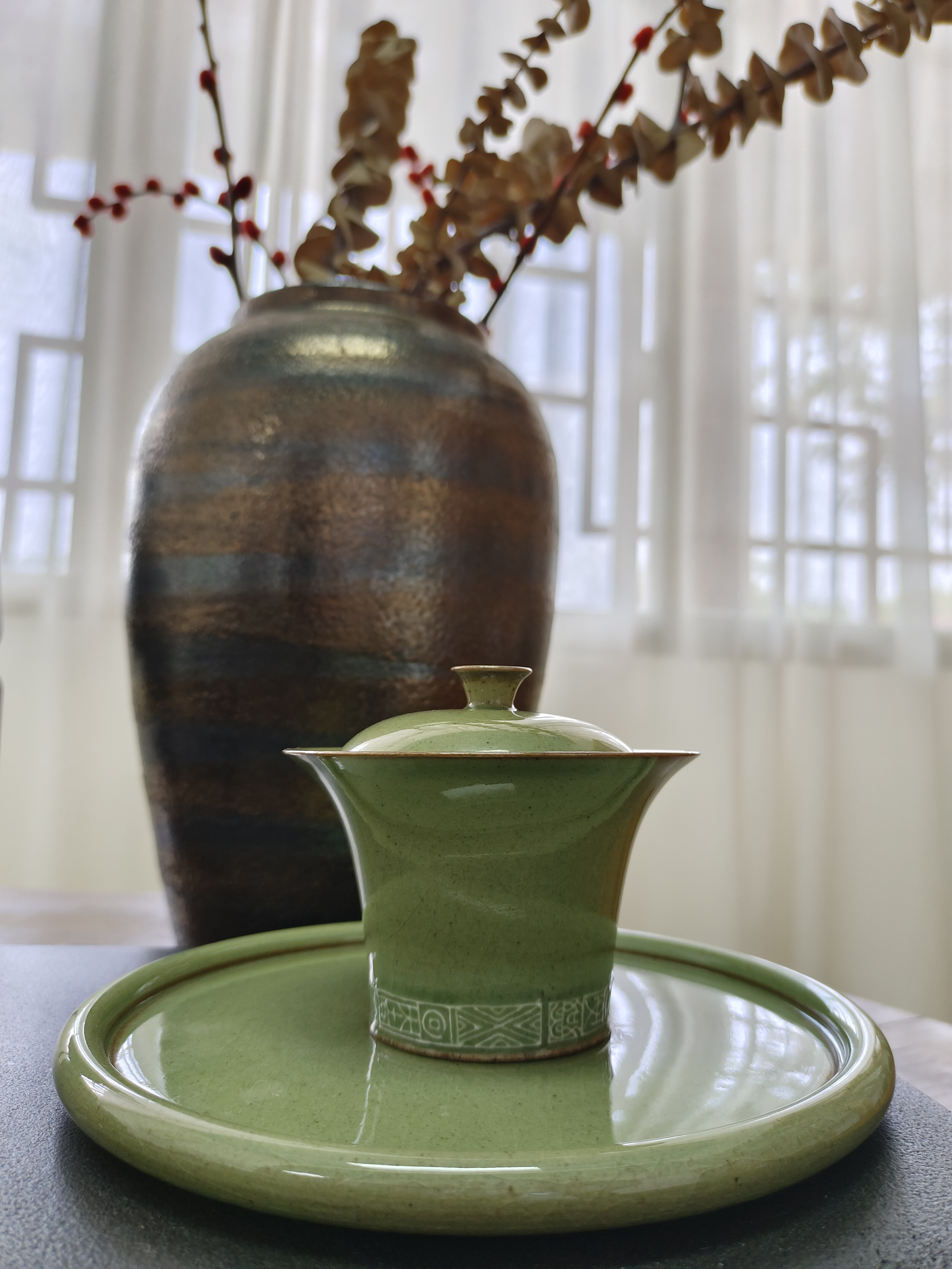 翠玉茶具(随缘壶,盖碗,翠玉盘,毛工鼎杯)