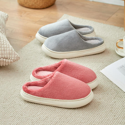 「五色可选！法兰绒材质」厚底冬季纯色情侣法兰绒棉拖鞋 家居室内保暖舒适月子棉拖 男女拖鞋 商品图2