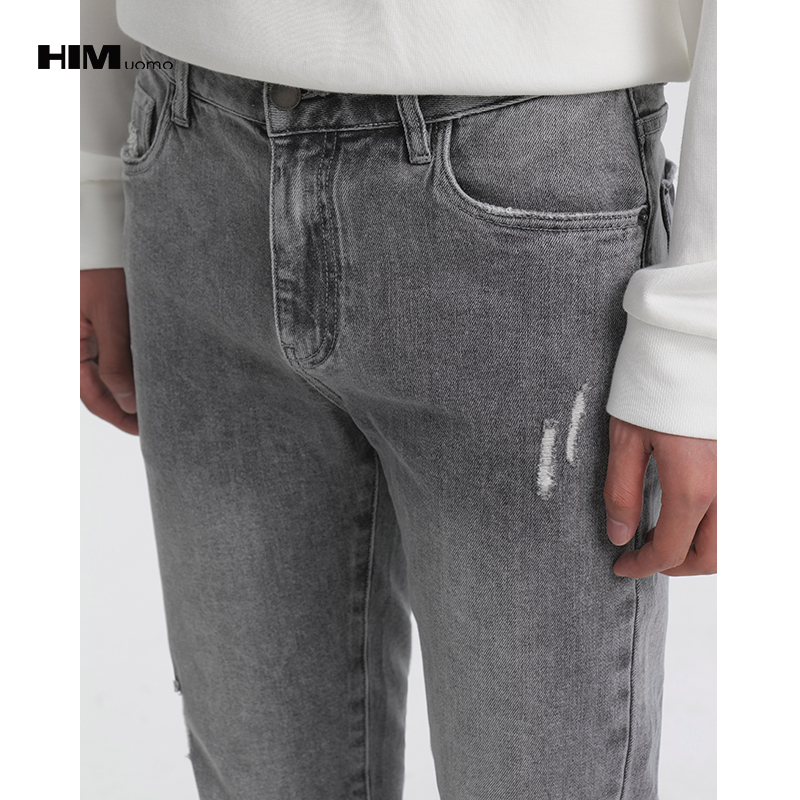 HIM漢崇 修身弹力烟灰色牛仔裤男潮流百搭破洞小脚长裤 2025秋季