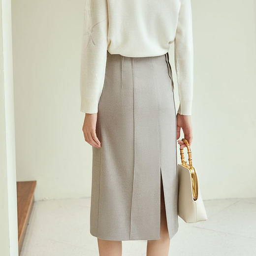 玳莎纯色通勤高腰半身裙秋冬季新款显瘦开叉设计感中长款A字裙  DD34304 商品图3