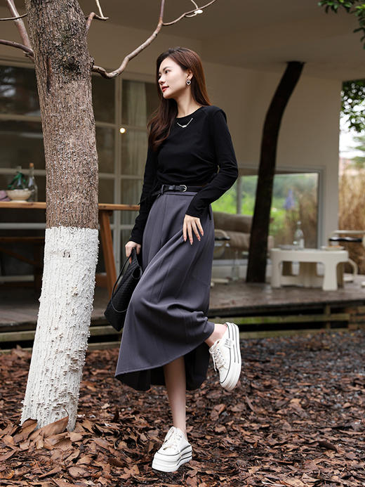 秋冬【遮跨显瘦百褶裙】 西装料半身裙配皮带  中长款A字裙  百搭单品 商品图2