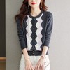 2023年新款早秋羊绒撞色针织英伦风菱格提花圆领开衫毛衣 商品缩略图0