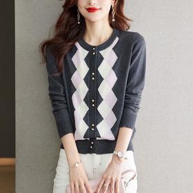 2023年新款早秋羊绒撞色针织英伦风菱格提花圆领开衫毛衣