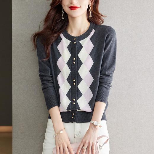 2023年新款早秋羊绒撞色针织英伦风菱格提花圆领开衫毛衣 商品图0