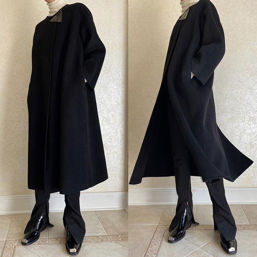 HIDEMI 几何三角形拼皮美利奴羊毛廓形大衣 长款/短款 商品图8