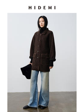 HIDEMI 澳洲美利奴羊毛花纱混纺敲边包边设计感小翻领口袋大衣外套