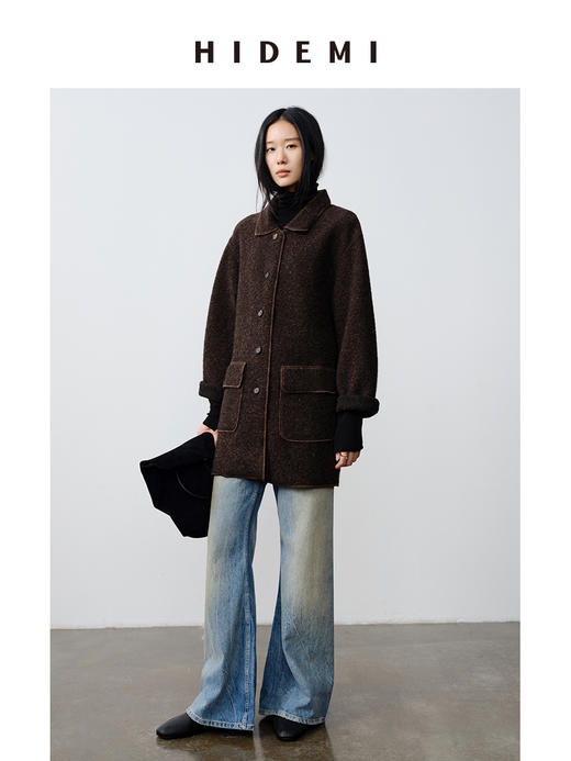 HIDEMI 澳洲美利奴羊毛花纱混纺敲边包边设计感小翻领口袋大衣外套 商品图0