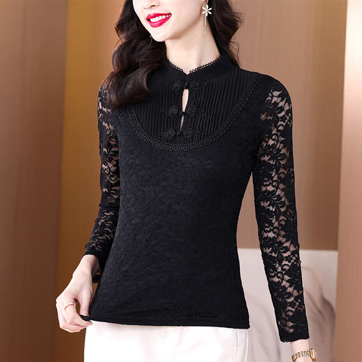 DD-蕾丝打底衫女2023冬季新款唐装立领黑色洋气秋冬加绒保暖内搭上衣 商品图3