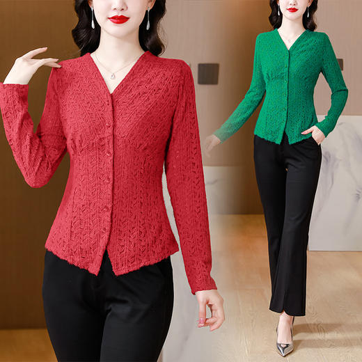 女士外套新款蕾丝V领镂空开衫，流行洋气秋季时尚百搭提花衬衣KQL-A83N6671 商品图3