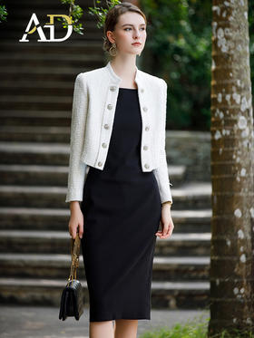 AD白色银丝粗花呢小香风外套女短款上衣时尚名媛两件套连衣裙套装
