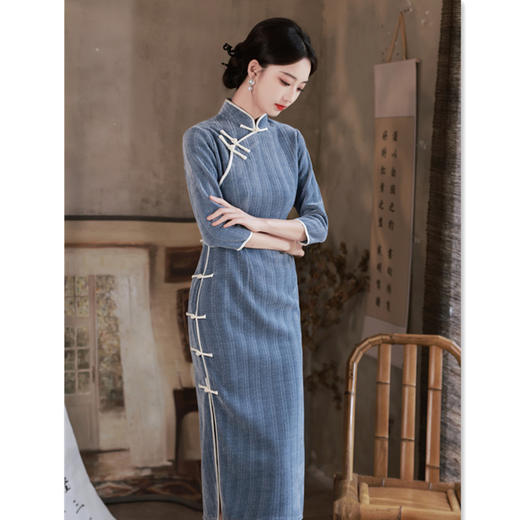 GX全开襟古法旗袍2023秋冬新款传统复古国风长款中袖民国女士旗袍裙 商品图2