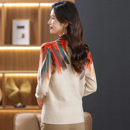 国风印花100纯羊毛女士v领毛衣，春秋洋气妈妈羊毛衫针织打底衫CC-DD-23910 商品图2