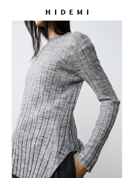 HIDEMI 极细美利奴羊毛花纱设计感前短后长开衩针织毛衣 花灰色/黑色 商品图2