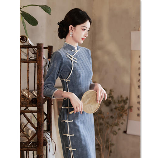 GX全开襟古法旗袍2023秋冬新款传统复古国风长款中袖民国女士旗袍裙 商品图3