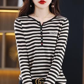 条纹针织衫女春秋装新款韩版洋气圆领套头内搭长袖打底上衣
