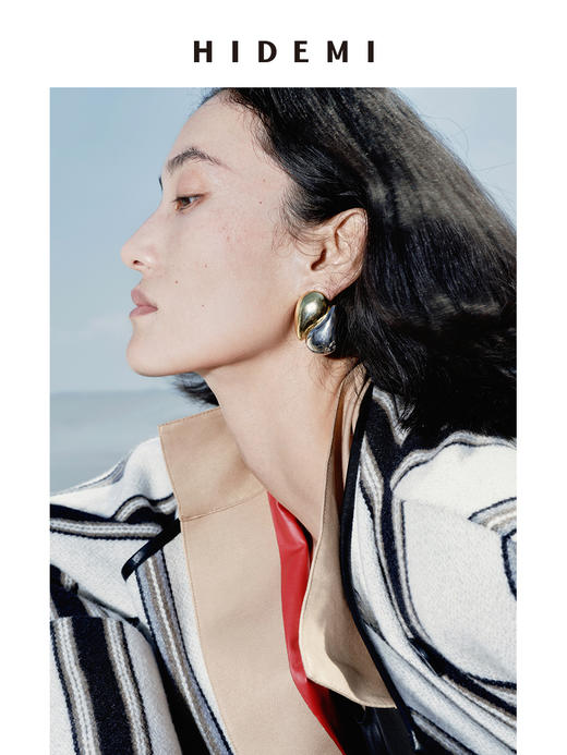 HIDEMI 色织条纹澳洲羊毛不对称口袋皮边镶嵌工艺极简设计感oversize大衣 商品图1