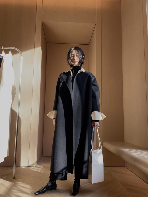 HIDEMI 几何三角形拼皮美利奴羊毛廓形大衣 长款/短款 商品图7