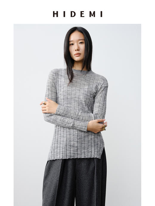 HIDEMI 极细美利奴羊毛花纱设计感前短后长开衩针织毛衣 花灰色/黑色 商品图1