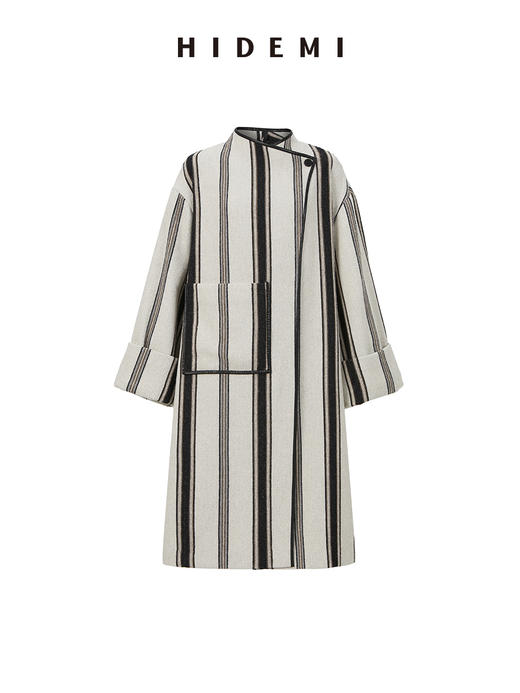 HIDEMI 色织条纹澳洲羊毛不对称口袋皮边镶嵌工艺极简设计感oversize大衣 商品图2