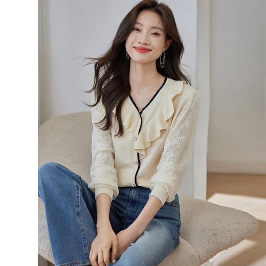 CC-22-8246木耳边v领上衣女秋季2023新款洋气设计感蕾丝针织衫t恤内搭打底衫 商品图5